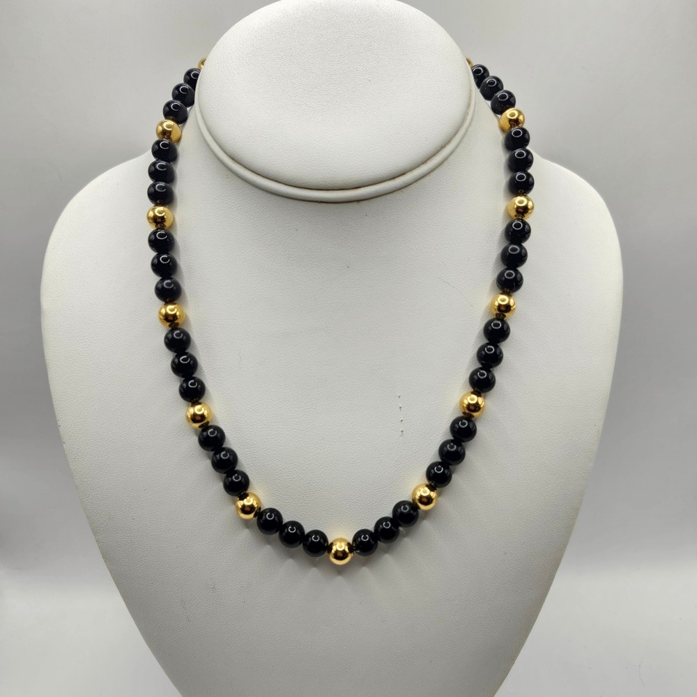 Napier Vintage Black Onyx Style and Gold Tone Bead Strand Necklace 18‎ Inch